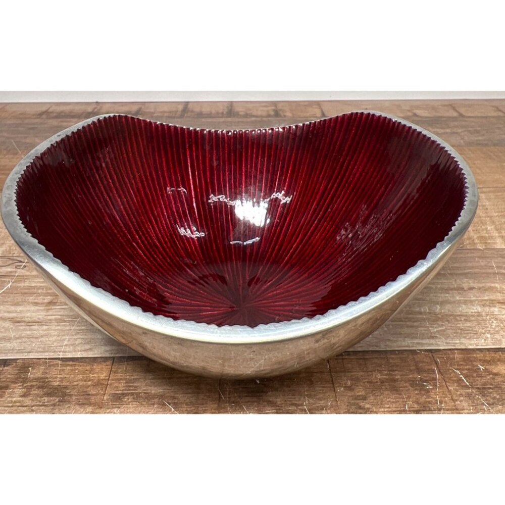 Red Ribbed Enamel & Silver-Tone Metal Decorative Bowl Modern Design